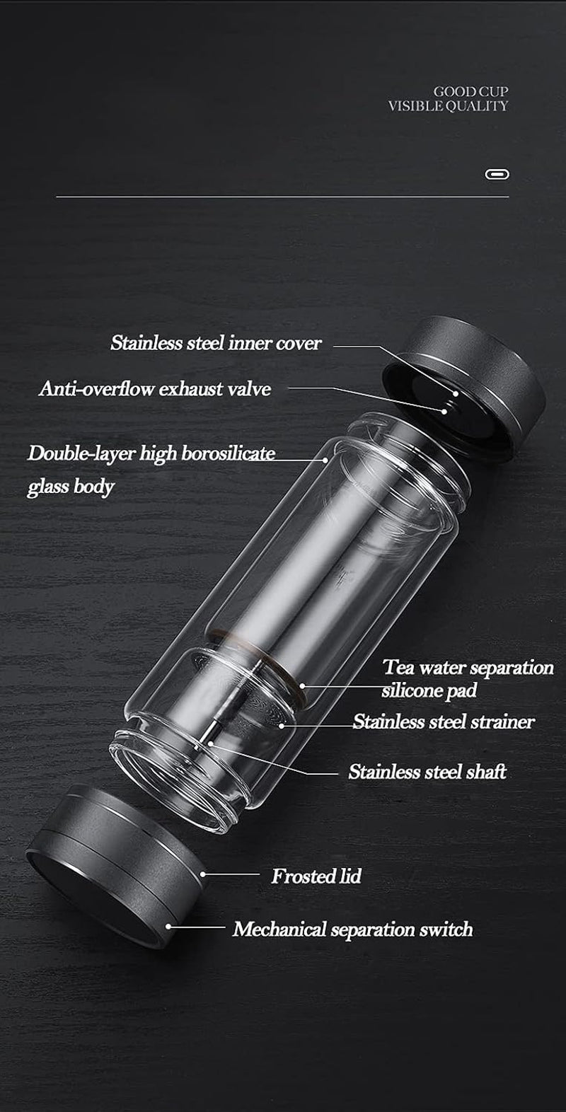 Portable Double Walled Glass Vacuum Tea Infuser Bottle Set with 2 Glass Cups Leakproof Rotating Separation Anti-Scalding with Infuser for Loose Tea 15.2OZ/450ML Black