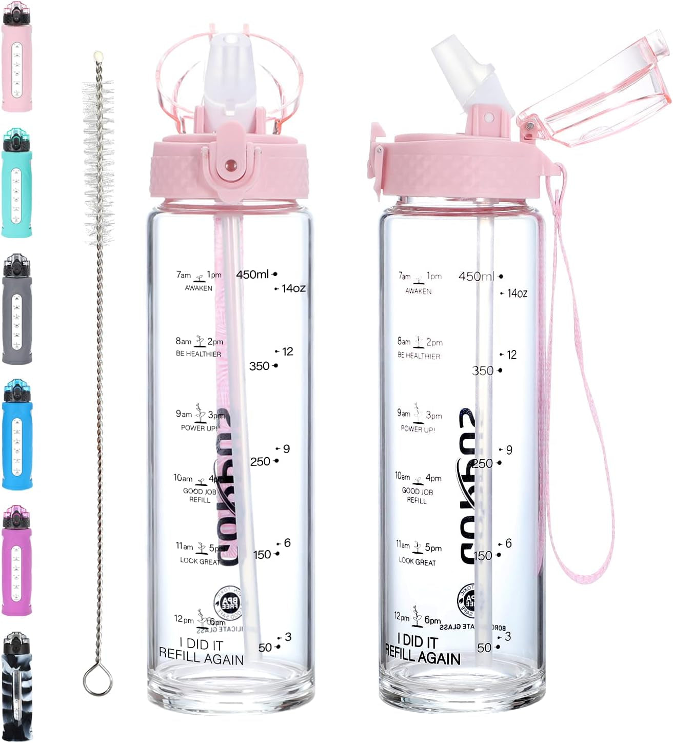 Glass Water Bottles with Straw and Flip Lid, Motivational Water Bottles with Time Marker Reminder and Silicone Sleeve, Leakproof, BPA Free (17 Oz, Clear Pink)