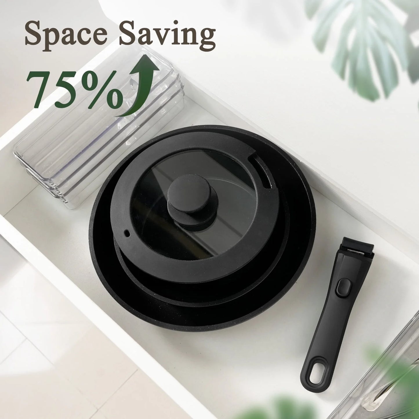 Pots and Pans Set, 6 Pcs Nonstick Pots and Pans with Removable Handle, Space-Saving Cookware Set for RV & Camping, Dishwasher and Oven Safe, Black