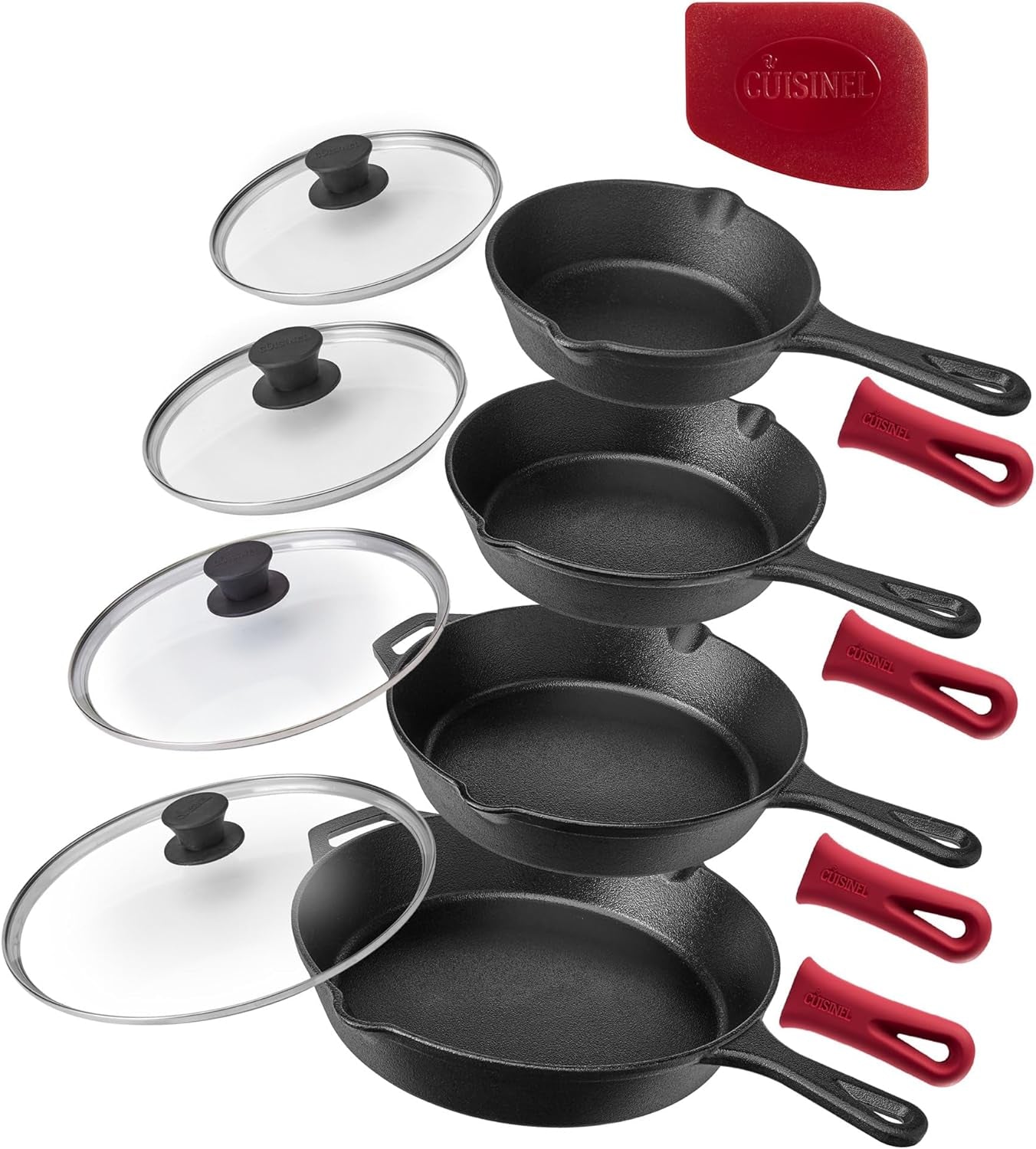 Cast Iron Skillet Set - 10" + 12" Frying Pan + Glass Lids + 2 Handle Cover Grips - Pre-Seasoned Oven Cookware - Indoor/Outdoor Use - Grill, Stovetop, Induction, BBQ, Camping, Fire Use