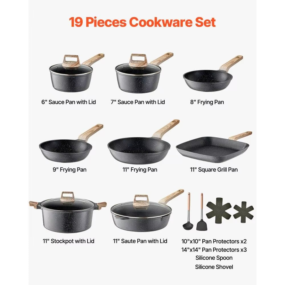 19 Piece Granite Nonstick Cookware Set Black Induction Compatible Kitchen Pots and Pans
