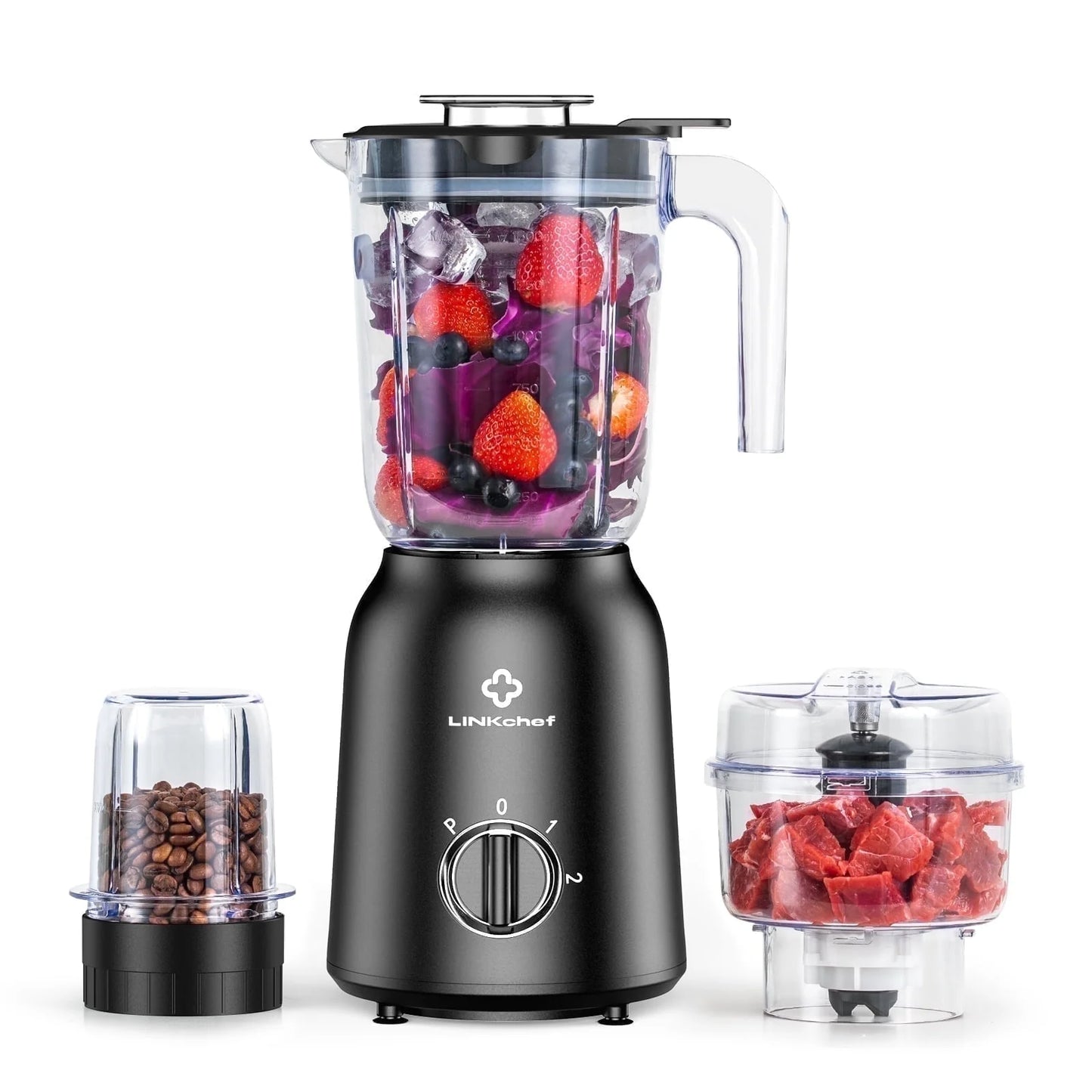 3-In-1 Countertop Blender for Shakes, Meat Chopper, Coffee Grinder, 500 Watts, 50Oz. Blending Jar, Smoothie Blender with 2 Speeds and Pulse