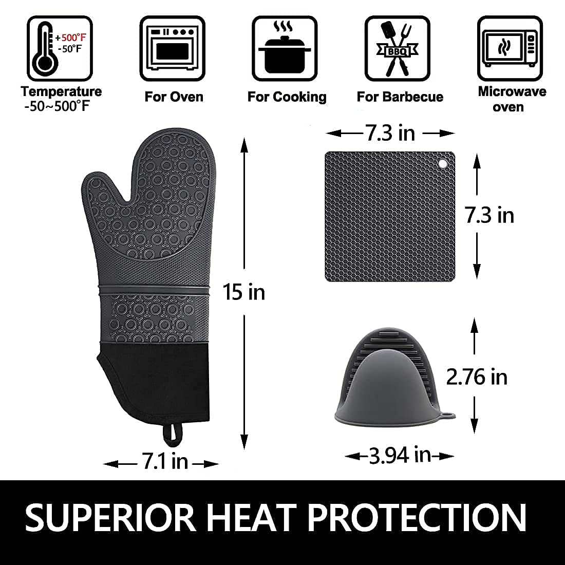 Silicone Oven Mitts and Pot Holders Sets, Extra Long Heat Resistant Oven Gloves with Hot Pads and Mini Oven Mits Set for Kitchen Cooking Baking, Soft Quilted Lining, Pack of 6 (Gray)