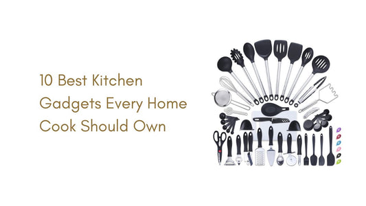 Ten must-have kitchen gadgets displayed together, including a cutting board, whisk, and food processor for home cooks.