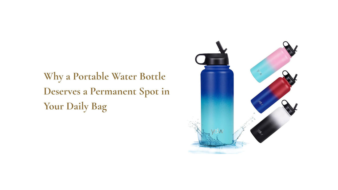 A stylish portable water bottle is displayed, emphasizing its usefulness and appeal as a perfect gift for family and friends.