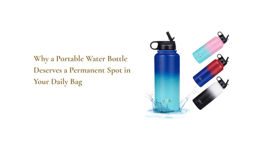 A stylish portable water bottle is displayed, emphasizing its usefulness and appeal as a perfect gift for family and friends.