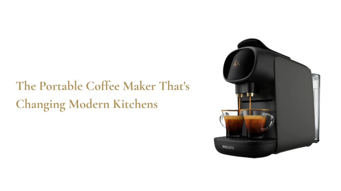 A modern portable coffee maker, highlighting its stylish design and functionality for convenient coffee brewing at home.