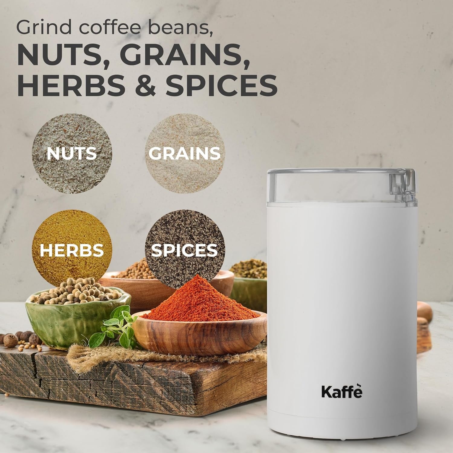 Kaffe One-Touch Coffee Grinder Electric W/Cleaning Brush (3 Oz) - Coffee Grinders for Home Use - up to 12 Cups of Coffee per Grind - Easy On/Off Coffee Bean Grinder - White