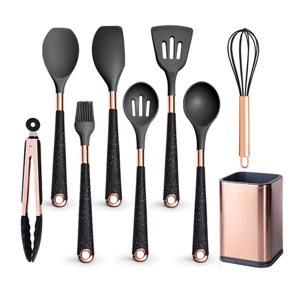 Gold Plated Handle Silicone Cooking Utensils Set Kitchen Non-Stick Tool Gadgets BPA FREE Kitchenware Heat Resistant Spatula Set