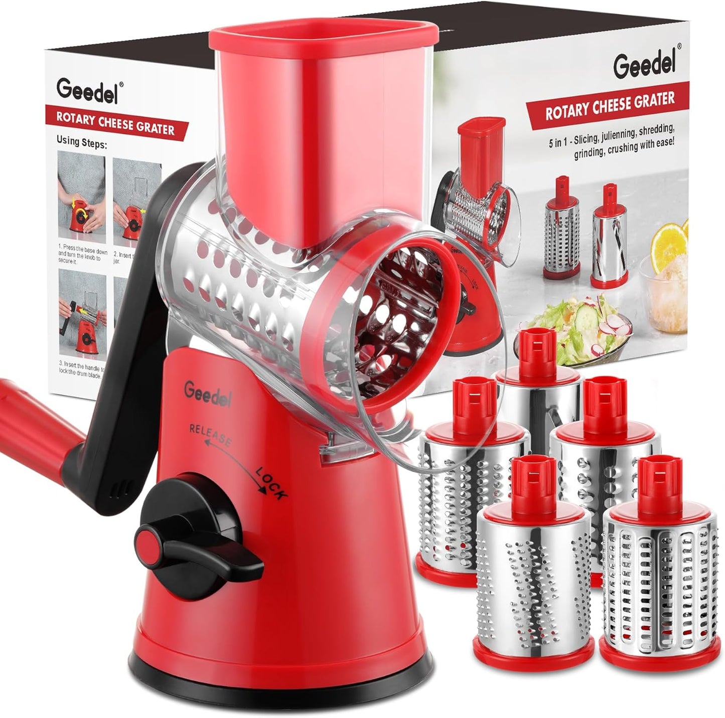 Rotary Cheese Grater, Kitchen Mandoline Vegetable Slicer with 3 Interchangeable Blades, Easy to Clean Rotary Grater Slicer for Cheese, Vegetables, Nuts