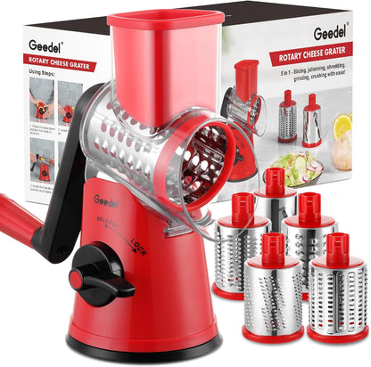 Rotary Cheese Grater, Kitchen Mandoline Vegetable Slicer with 3 Interchangeable Blades, Easy to Clean Rotary Grater Slicer for Cheese, Vegetables, Nuts