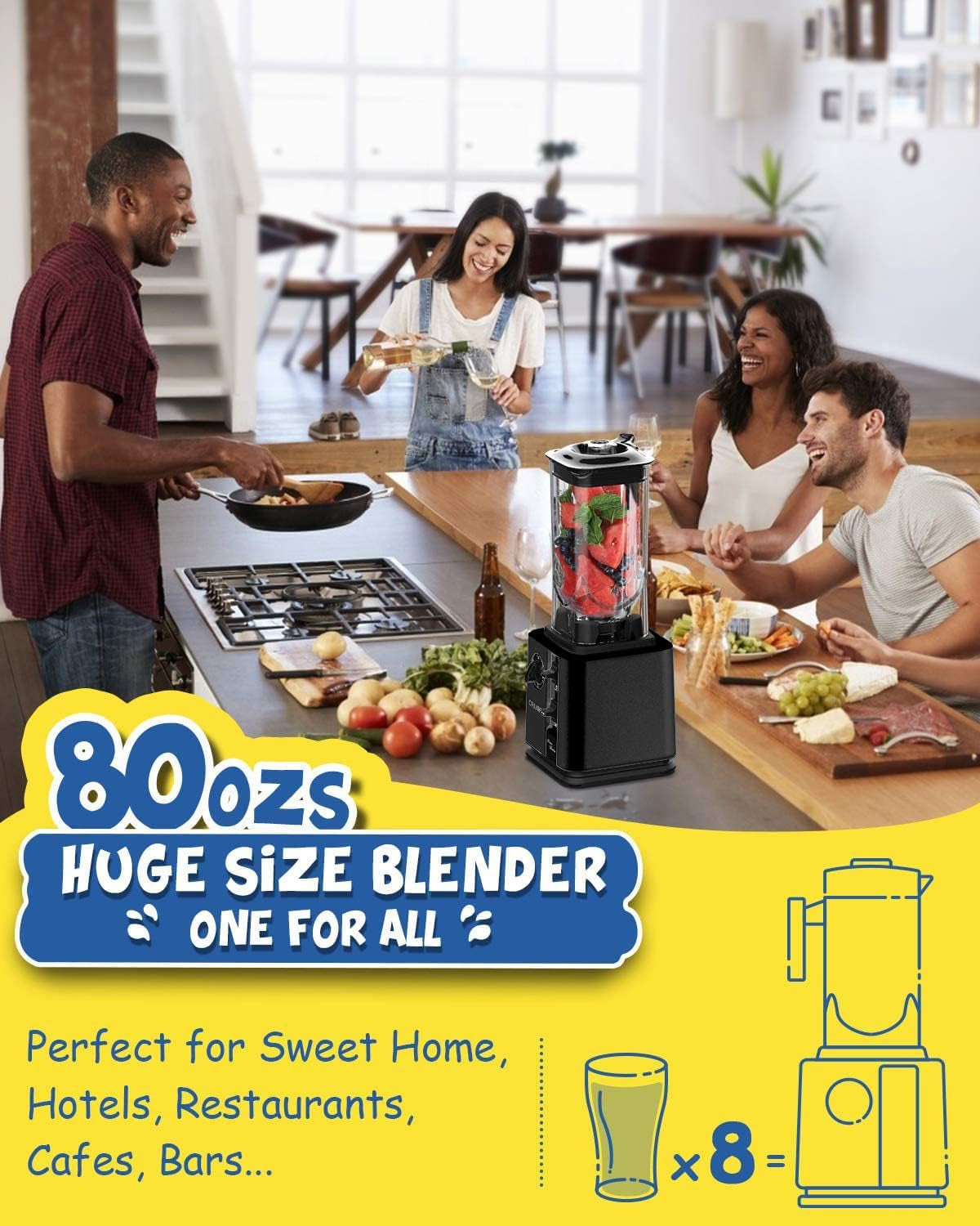 Commercial Blenders 1800W, 80Oz Professional High-Speed Countertop Blenders for Smoothies, Self-Cleaning, Come with Tamper and 20Oz To-Go Cup, K95 (Black)