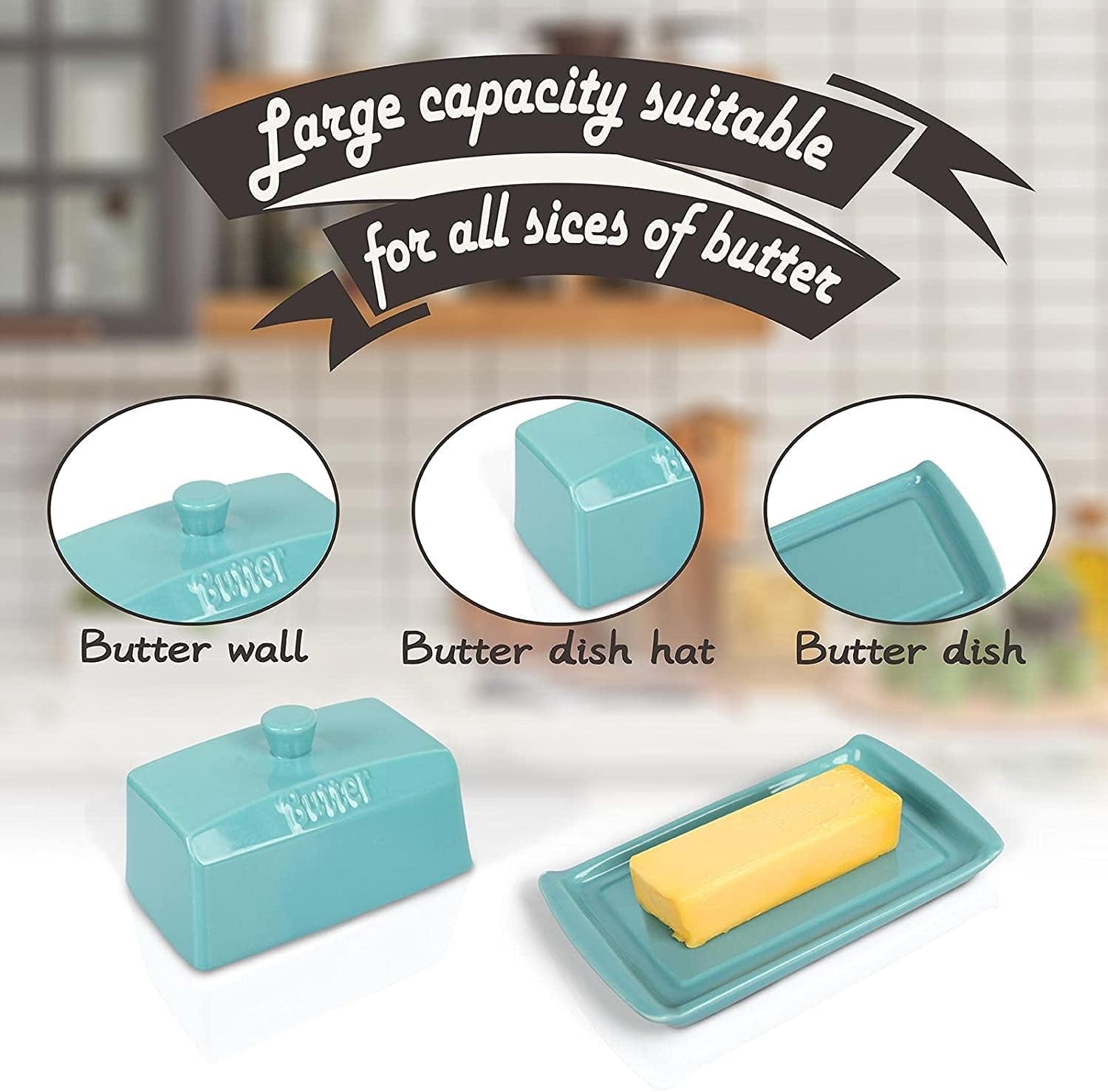 Ceramic Butter Dishes with Lid, Large Butter Keeper Rectangle Butter Container with Handle, Porcelain Butter Holder for East/West Butter