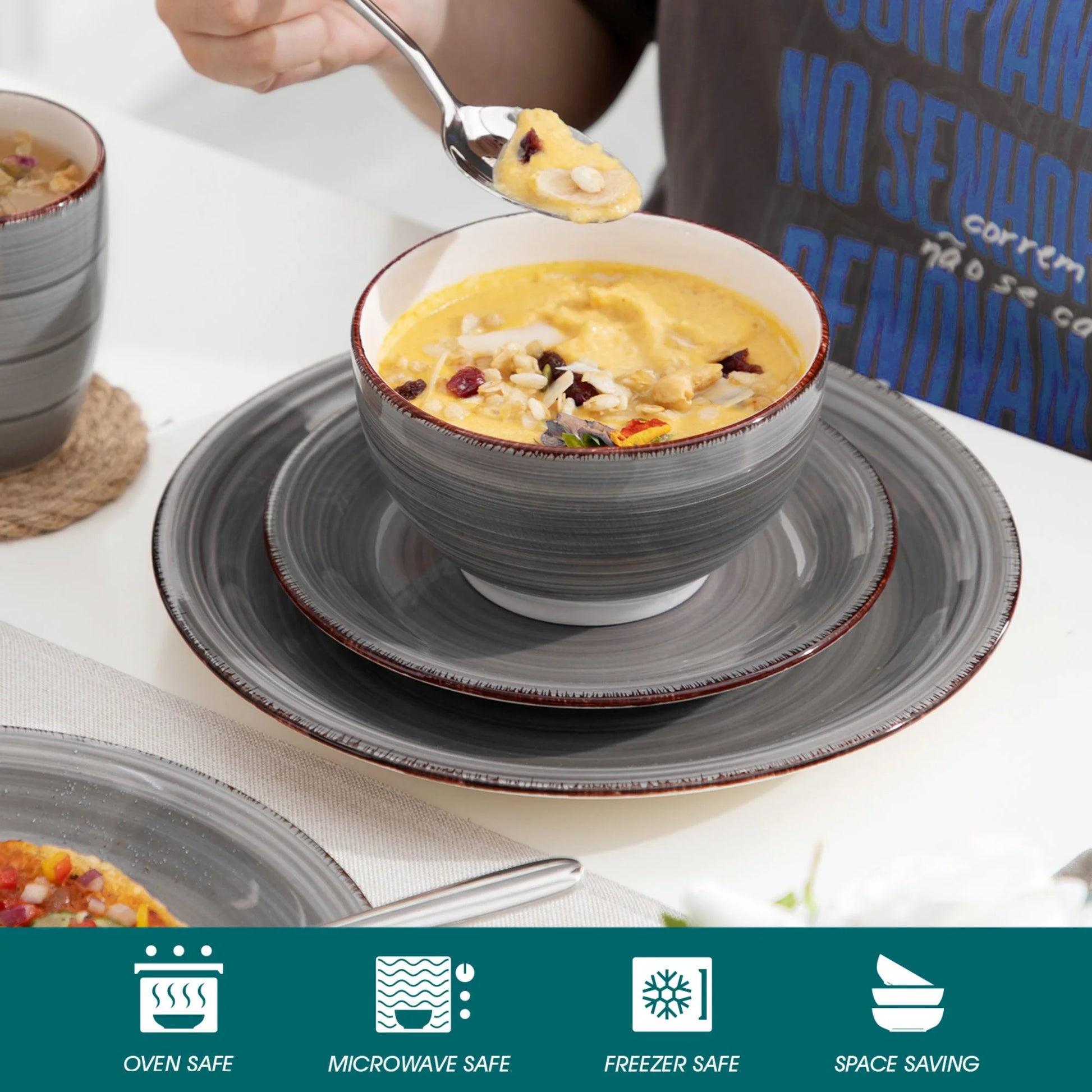 , Series Bella, 16 Piece Stoneware Dinnerware Set, Grey Dinner Set, Service for 4