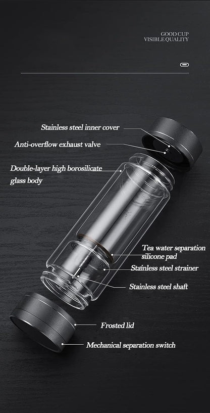 Portable Double Walled Glass Vacuum Tea Infuser Bottle Set with 2 Glass Cups Leakproof Rotating Separation Anti-Scalding with Infuser for Loose Tea 15.2OZ/450ML Black