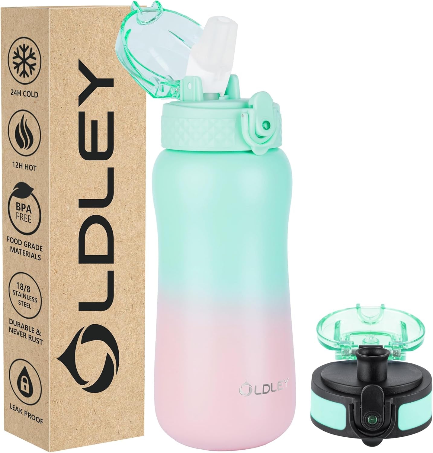 Insulated Water Bottle 12Oz Water Bottles with Straw, Stainless Steel Water Bottle with 2 Lids, Double Wall Vacuum Bottels for Adults Kids, Leak-Proof Sport Bottles for School Travel, Black