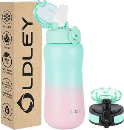 Insulated Water Bottle 12Oz Water Bottles with Straw, Stainless Steel Water Bottle with 2 Lids, Double Wall Vacuum Bottels for Adults Kids, Leak-Proof Sport Bottles for School Travel, Black