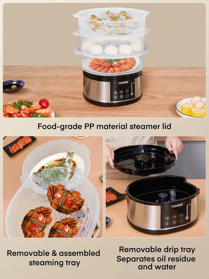 13QT Electric Cooking Steamer, with Delay Timer, 3-Tier Vegetable or Meat Food Steamer, 800W Fast Cooking