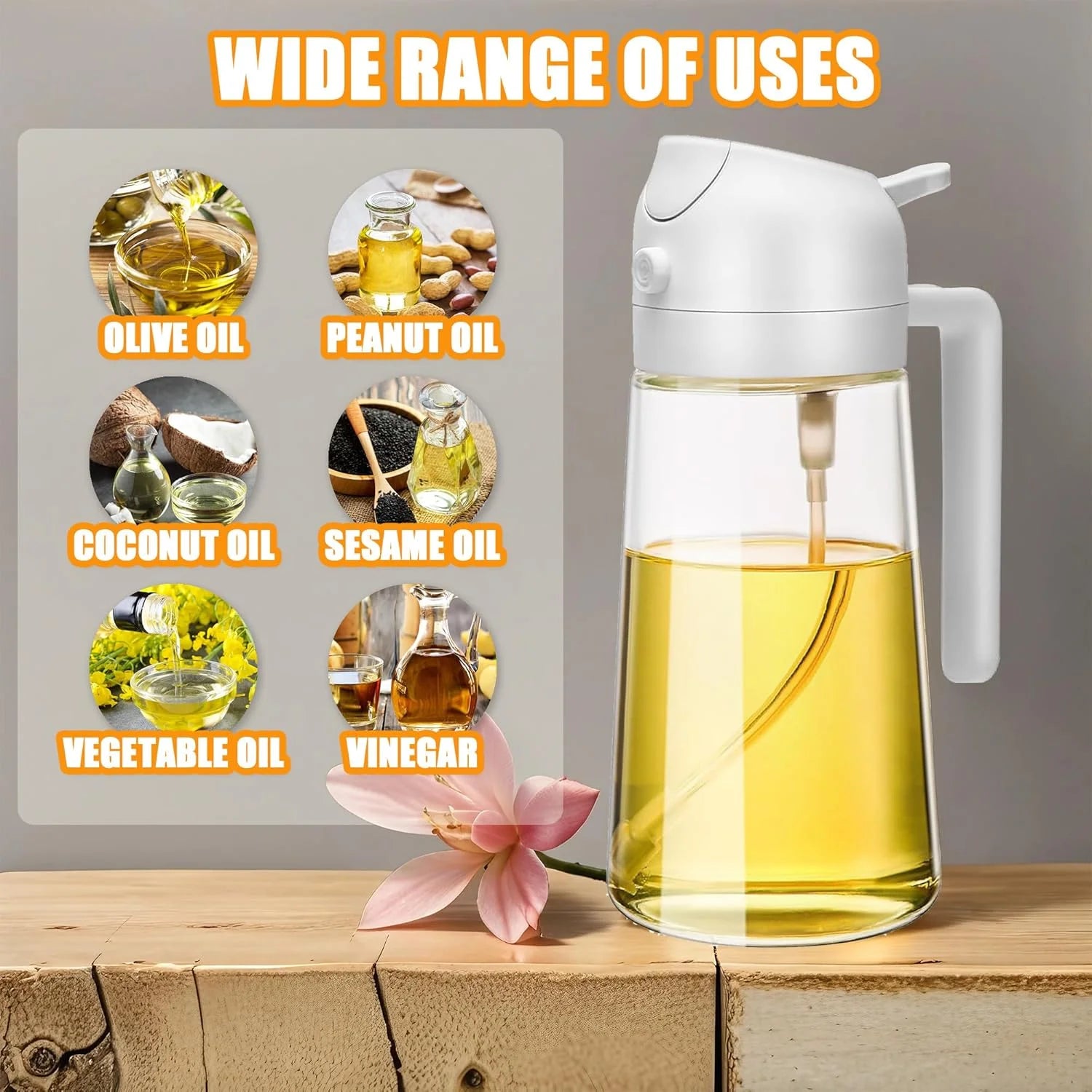 2 in 1 Oil Dispenser & Sprayer – 470Ml Olive Oil Dispenser Bottle with No-Drip Spout, Measurement Scale, Olive Oil Spray Bottle for Cooking, BBQ, Air Fryer & Kitchen Essentials, White