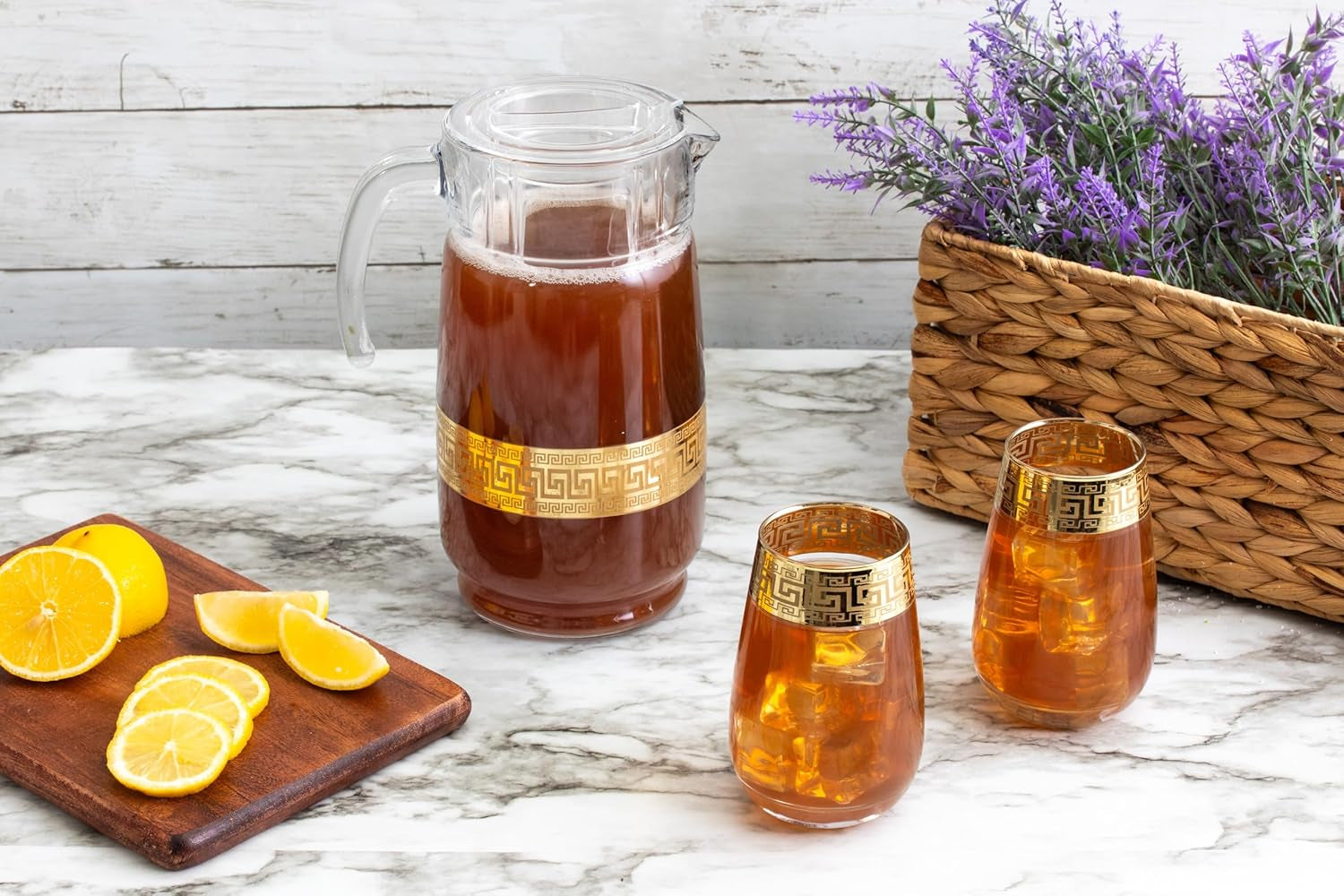 Vintage Glassware Set - 64 Oz Glass Pitcher with Handle and 6 Highball Drinking Glasses 11 Oz - Durable, Thick Glass - Gold Band Rim Design - Perfect for Gifting or Hosting Essentials