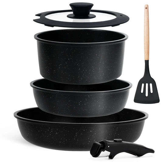 Pots and Pans Set, 6 Pcs Nonstick Pots and Pans with Removable Handle, Space-Saving Cookware Set for RV & Camping, Dishwasher and Oven Safe, Black