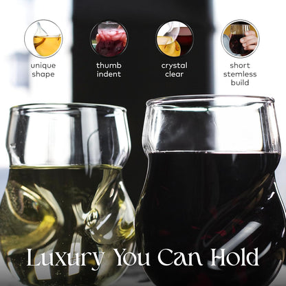 Stemless Wine Glasses - 16 Oz Clear Short Wine Glasses Set of 2 with Finger Indentations - Aerates Naturally