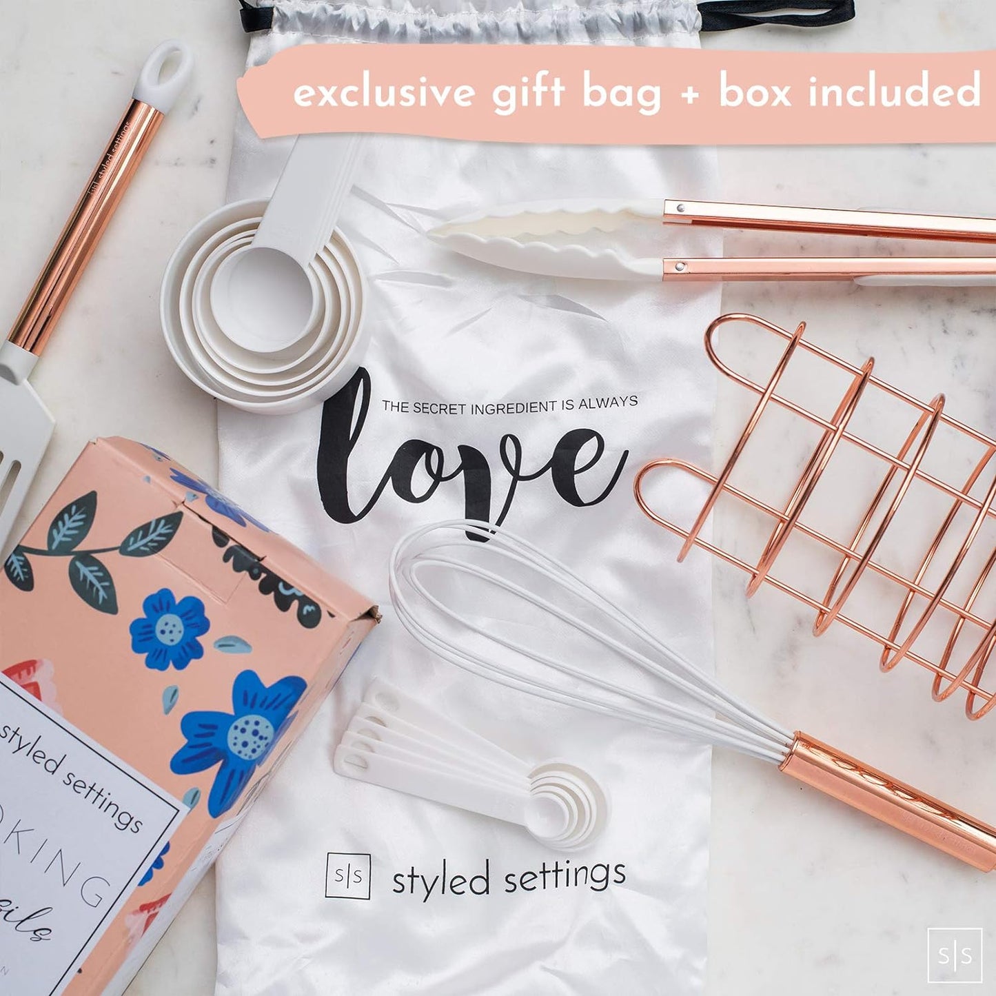 White & Copper Kitchen Utensils - 18 PC Set Includes Utensil Holder, Measuring Cups & Spoons, Rose Gold Accessories