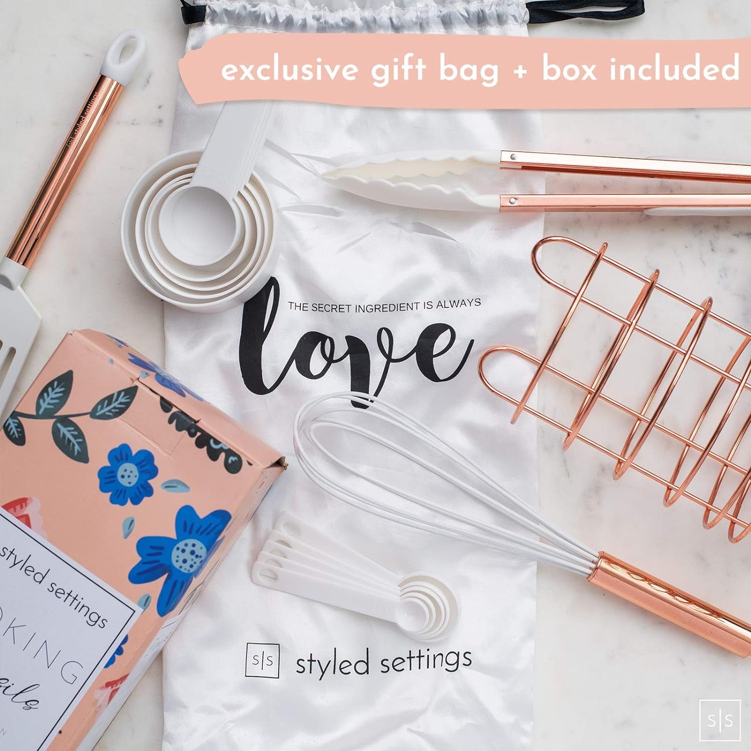 White & Copper Kitchen Utensils - 18 PC Set Includes Utensil Holder, Measuring Cups & Spoons, Rose Gold Accessories