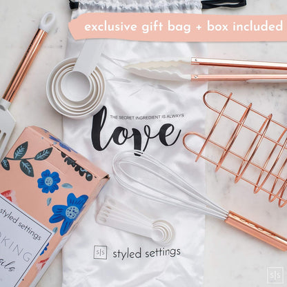 White & Copper Kitchen Utensils - 18 PC Set Includes Utensil Holder, Measuring Cups & Spoons, Rose Gold Accessories