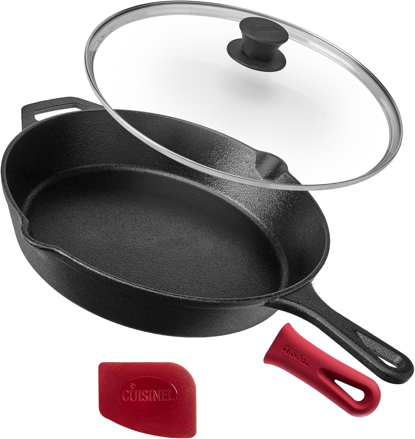 Cast Iron Skillet Set - 10" + 12" Frying Pan + Glass Lids + 2 Handle Cover Grips - Pre-Seasoned Oven Cookware - Indoor/Outdoor Use - Grill, Stovetop, Induction, BBQ, Camping, Fire Use