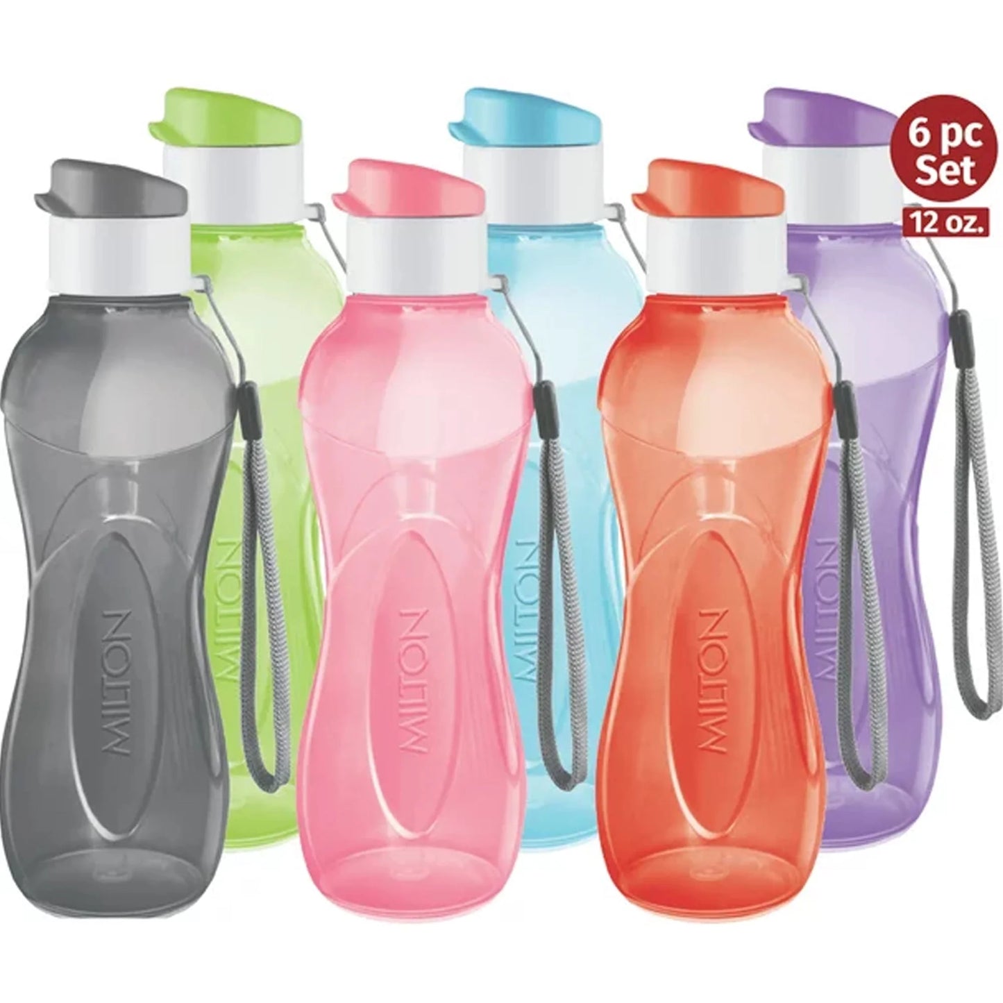 6-Pc Reusable Water Bottles Bulk Pack 12 Oz Plastic Bottles with Caps, Multicolor
