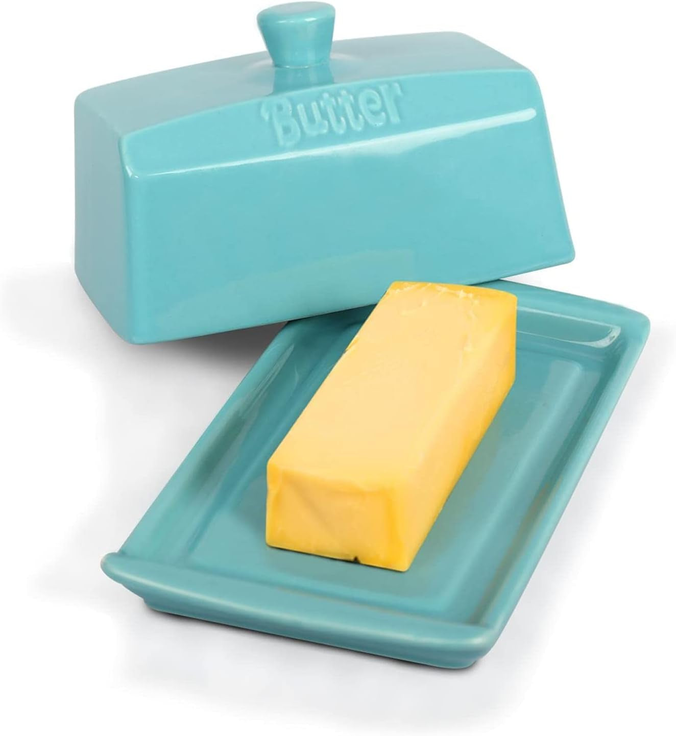 Ceramic Butter Dishes with Lid, Large Butter Keeper Rectangle Butter Container with Handle, Porcelain Butter Holder for East/West Butter