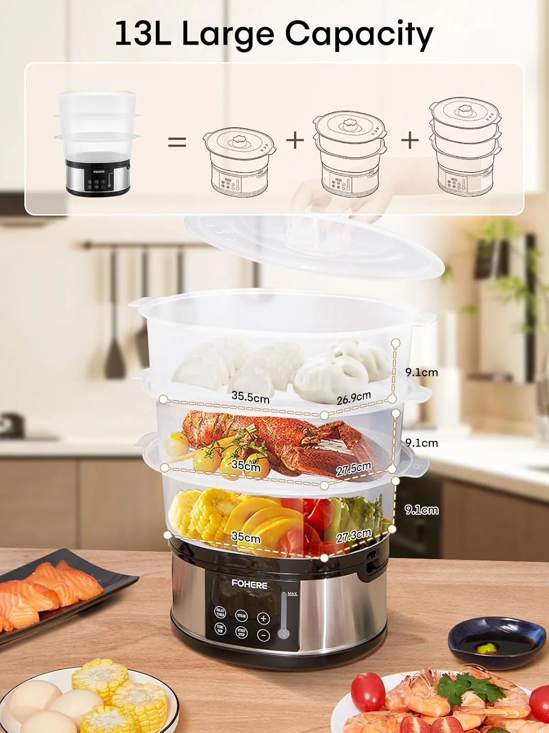 13QT Electric Cooking Steamer, with Delay Timer, 3-Tier Vegetable or Meat Food Steamer, 800W Fast Cooking