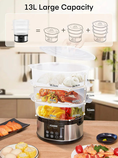 13QT Electric Cooking Steamer, with Delay Timer, 3-Tier Vegetable or Meat Food Steamer, 800W Fast Cooking
