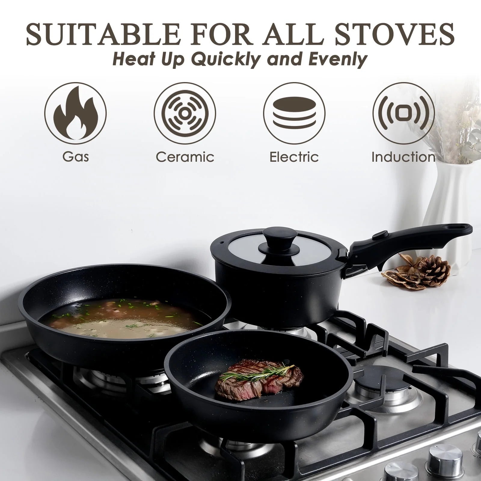 Pots and Pans Set, 6 Pcs Nonstick Pots and Pans with Removable Handle, Space-Saving Cookware Set for RV & Camping, Dishwasher and Oven Safe, Black