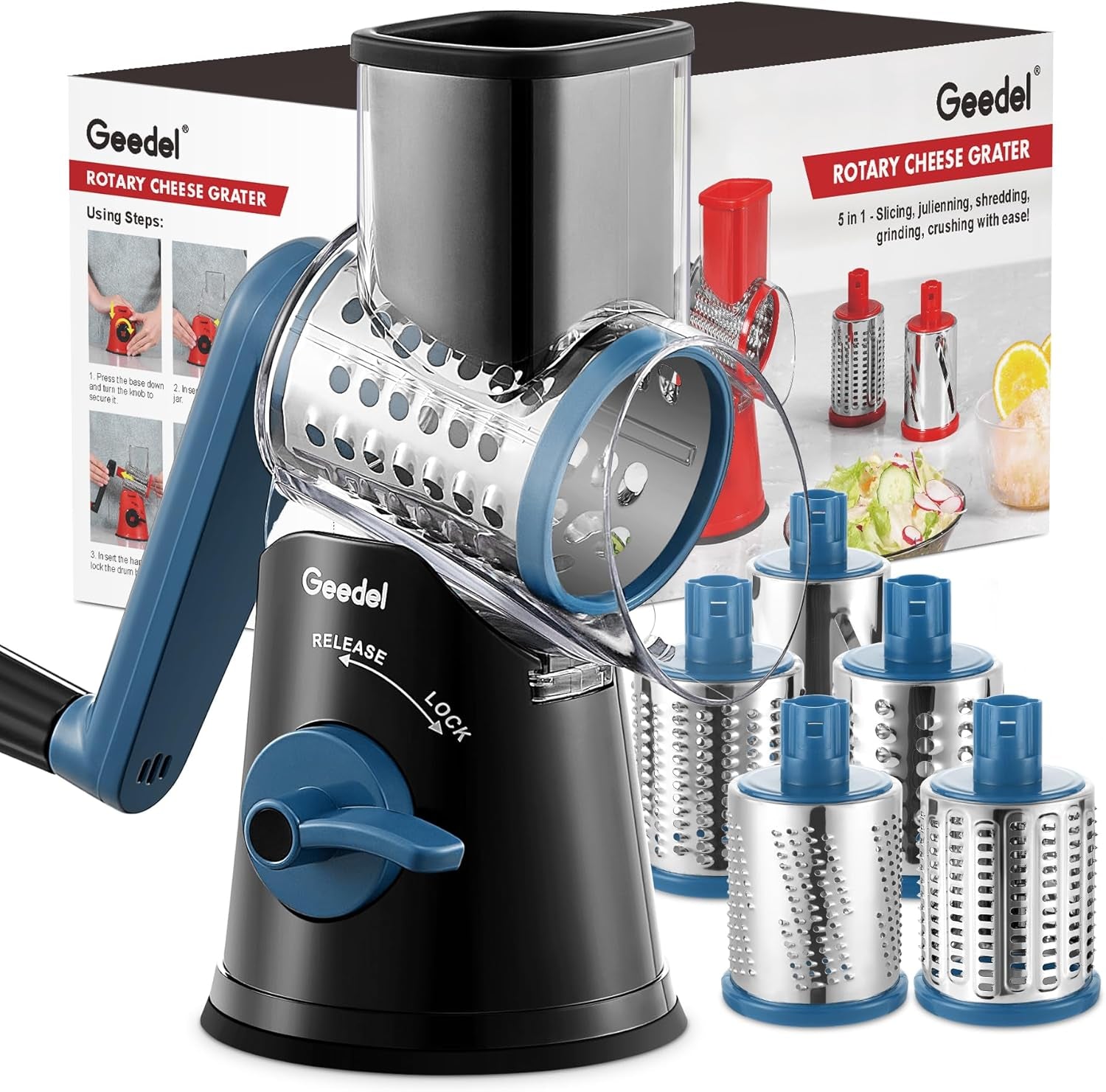Rotary Cheese Grater, Kitchen Mandoline Vegetable Slicer with 3 Interchangeable Blades, Easy to Clean Rotary Grater Slicer for Cheese, Vegetables, Nuts