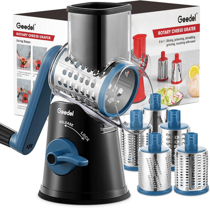Rotary Cheese Grater, Kitchen Mandoline Vegetable Slicer with 3 Interchangeable Blades, Easy to Clean Rotary Grater Slicer for Cheese, Vegetables, Nuts