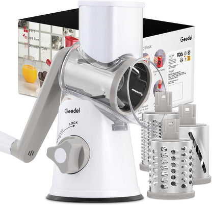 Rotary Cheese Grater, Kitchen Mandoline Vegetable Slicer with 3 Interchangeable Blades, Easy to Clean Rotary Grater Slicer for Cheese, Vegetables, Nuts