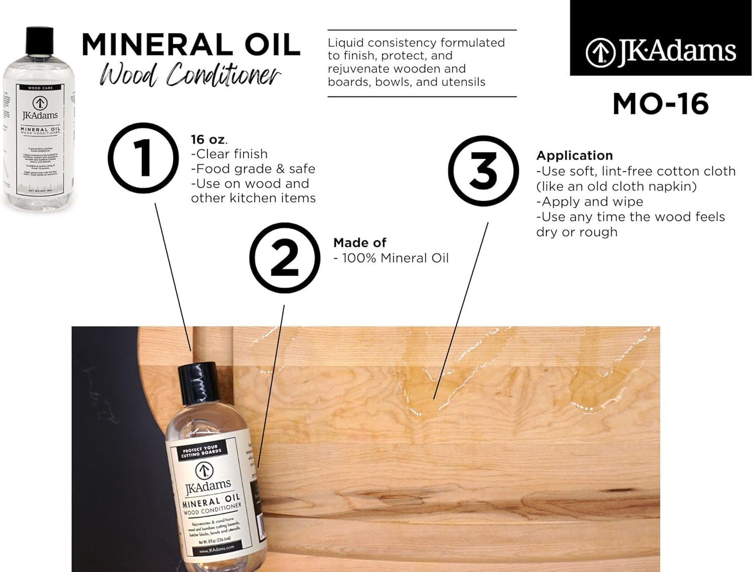 Mineral Oil Wood Conditioner - Food Grade Mineral Oil for Wood Cutting Boards - Use to Maintain Butcher Blocks and Bamboo Cutting Boards - Food Safe Butcher Block Oil - 16Oz