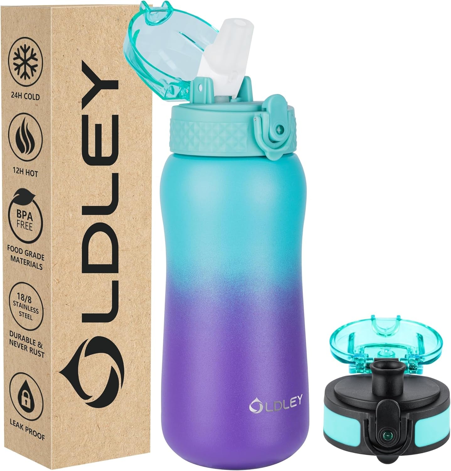 Insulated Water Bottle 12Oz Water Bottles with Straw, Stainless Steel Water Bottle with 2 Lids, Double Wall Vacuum Bottels for Adults Kids, Leak-Proof Sport Bottles for School Travel, Black