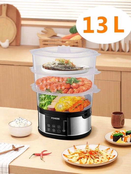 13QT Electric Cooking Steamer, with Delay Timer, 3-Tier Vegetable or Meat Food Steamer, 800W Fast Cooking