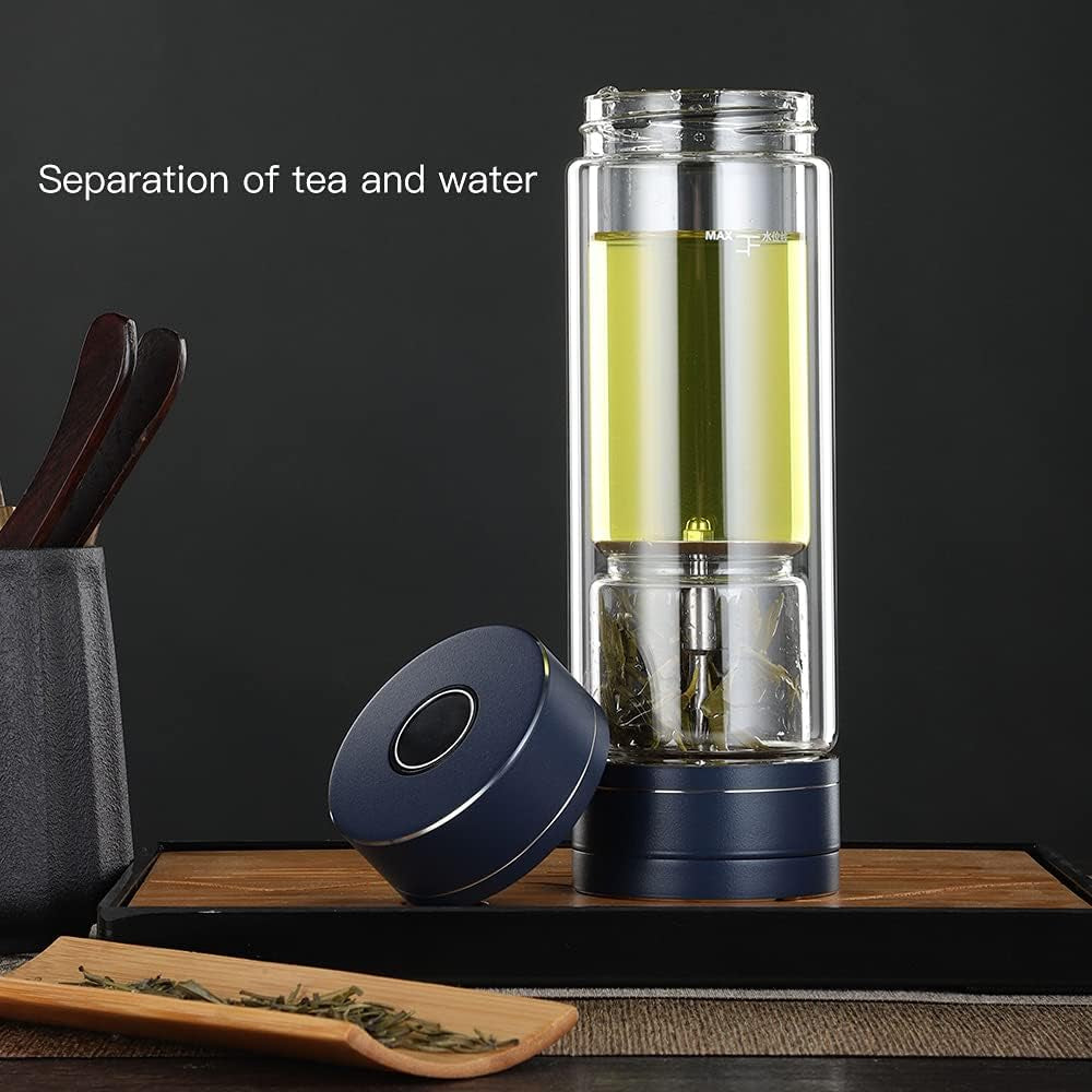 Portable Double Walled Glass Vacuum Tea Infuser Bottle Set with 2 Glass Cups Leakproof Rotating Separation Anti-Scalding with Infuser for Loose Tea 15.2OZ/450ML Black