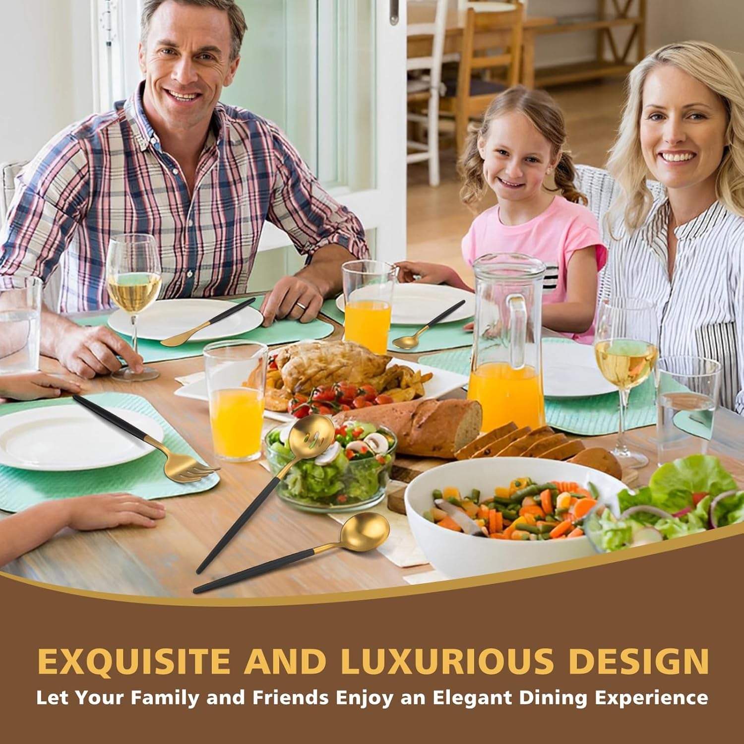 Serving Utensils,Matte Black Gold Kitchen Utensils Set,5 PCS Stainless Steel Serving Utensils Set Include Serving Fork,Slotted Spoon,Serving Spoon,Butter Knife,Sugar Spoon,Dishwasher Safe