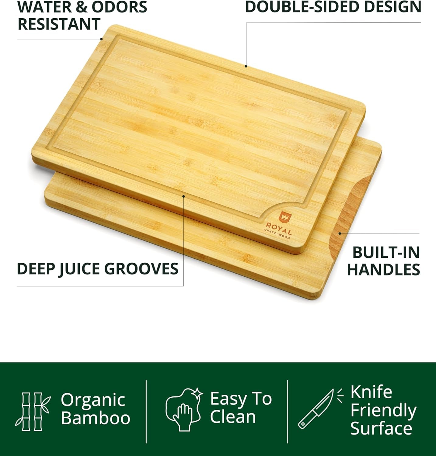 Wooden Cutting Boards for Kitchen Meal Prep & Serving - Bamboo Wood Serving Board Set with Deep Juice Groove Side Handles - Charcuterie & Chopping Butcher Block for Meat