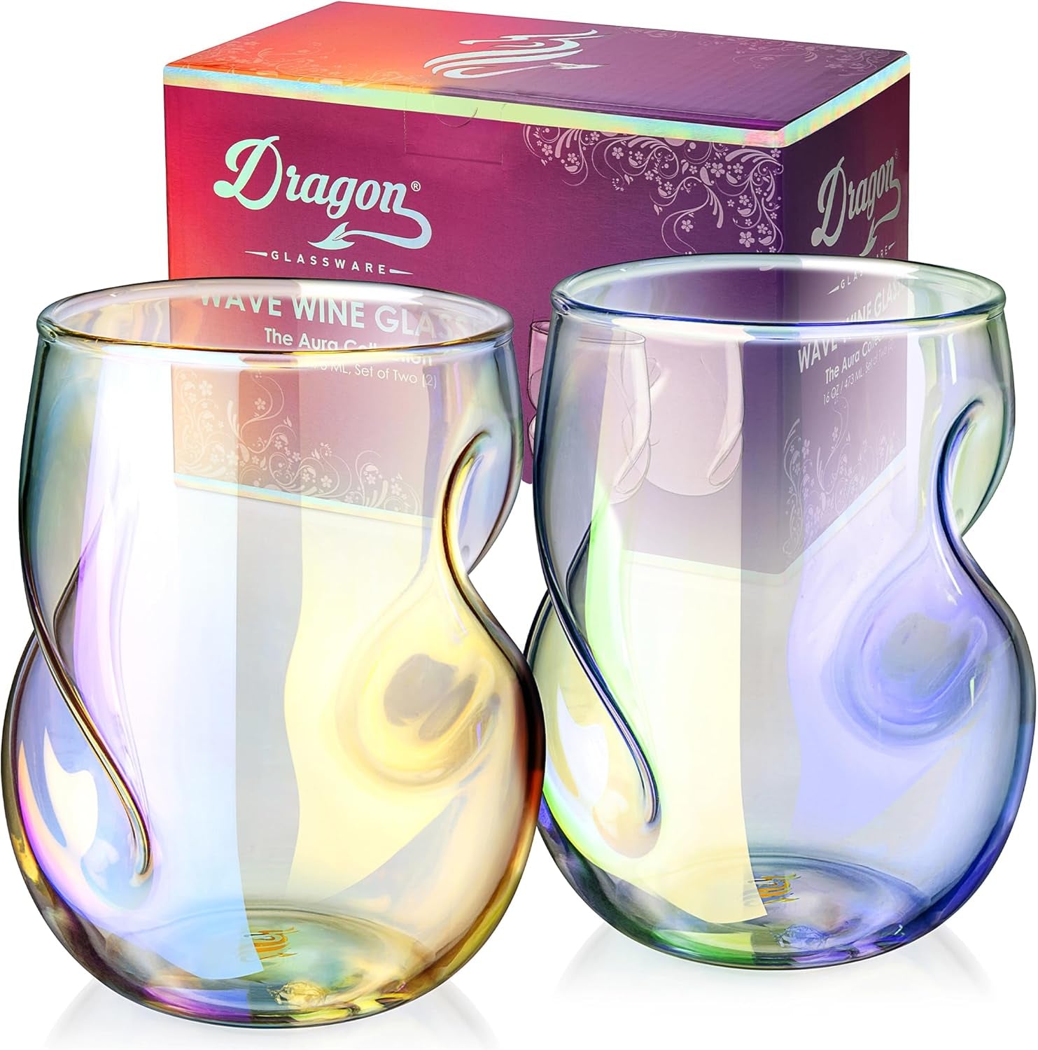 Stemless Wine Glasses - 16 Oz Clear Short Wine Glasses Set of 2 with Finger Indentations - Aerates Naturally