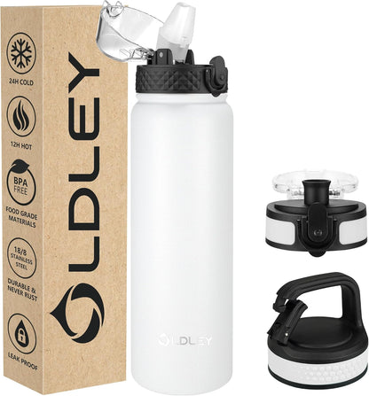 Insulated Water Bottle 12Oz Water Bottles with Straw, Stainless Steel Water Bottle with 2 Lids, Double Wall Vacuum Bottels for Adults Kids, Leak-Proof Sport Bottles for School Travel, Black