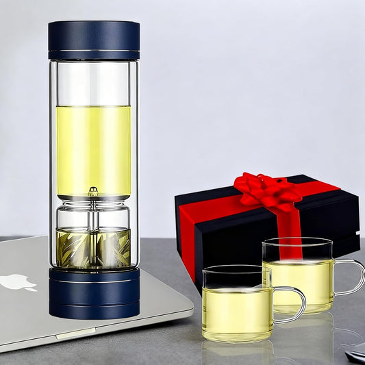 Portable Double Walled Glass Vacuum Tea Infuser Bottle Set with 2 Glass Cups Leakproof Rotating Separation Anti-Scalding with Infuser for Loose Tea 15.2OZ/450ML Black