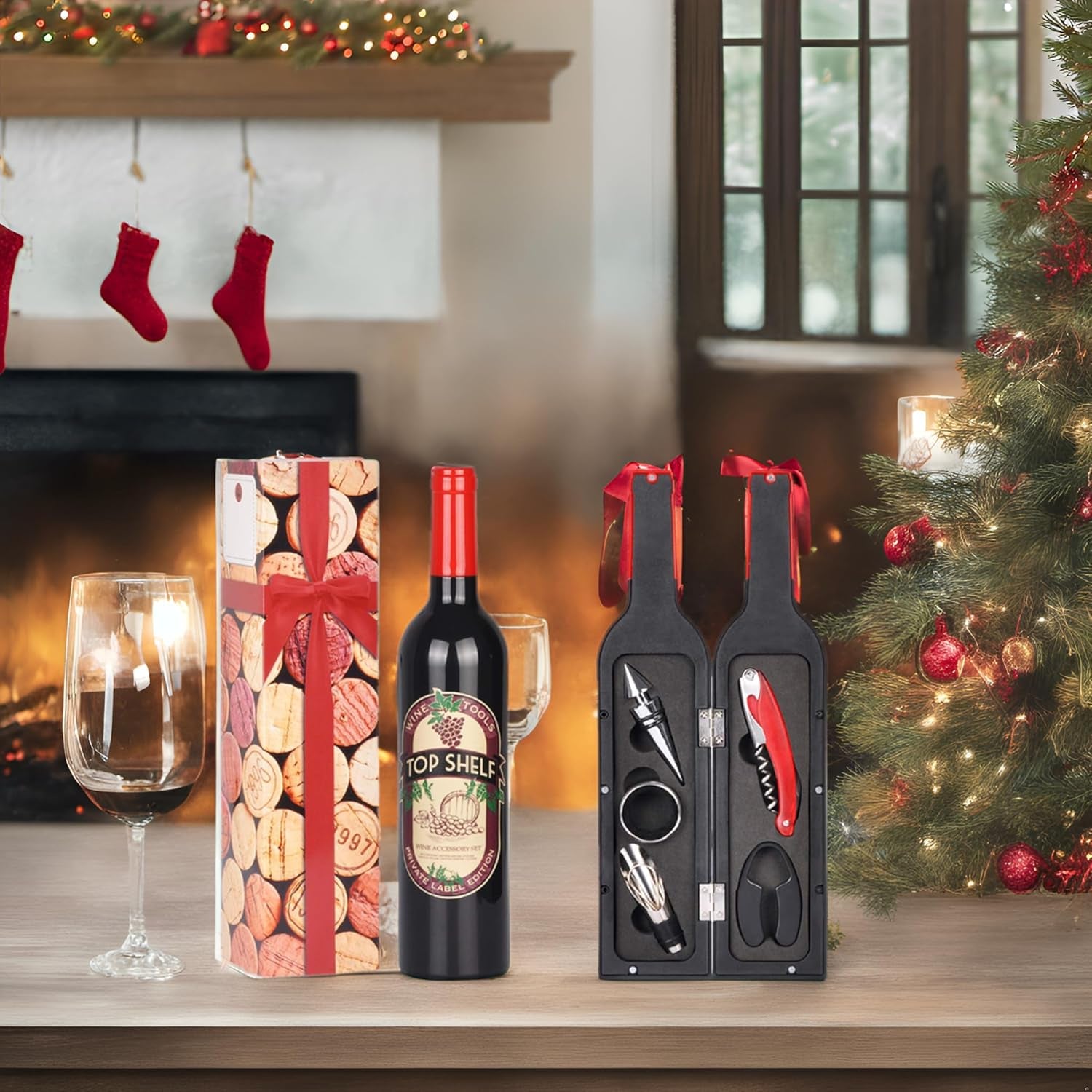 Wine Accessories Valentine Gift Set, 5 Pcs Deluxe Wine Corkscrew Opener Sets Bottle Shape in Elegant Gift Box, Wine Valentines Day Gifts for Women Men