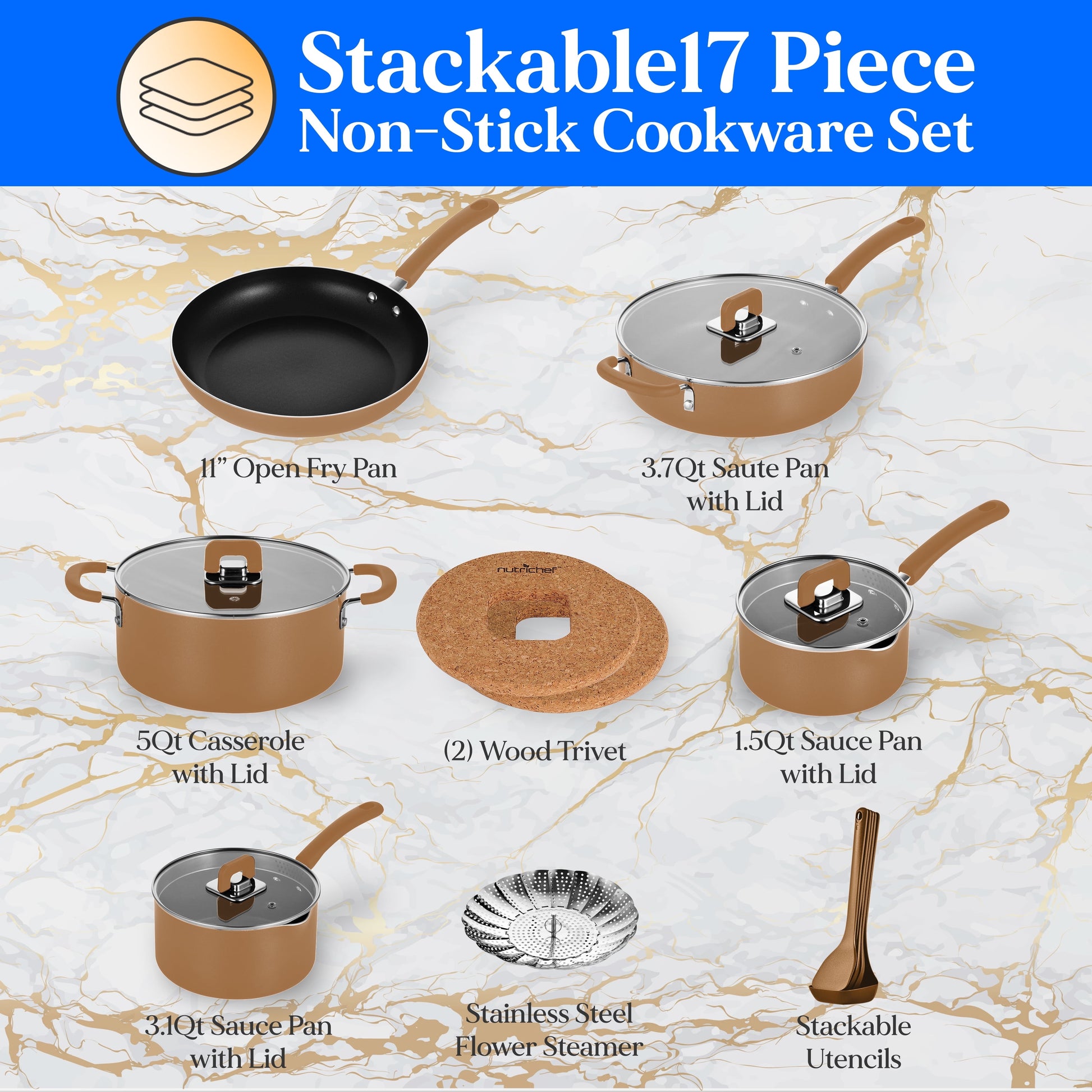 17 Piece Non-Stick Cookware Set, Pots & Pans with Foldable Knob, Space Saving, Stackable, Nylon Tools Set, Induction Base, Brown