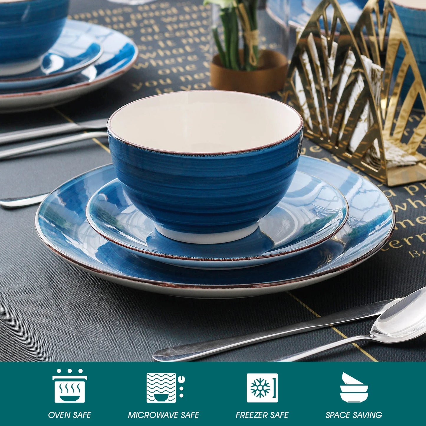 , Series Bella, 32 Piece Stoneware Dinnerware Set, Blue Dinner Set, Service for 8